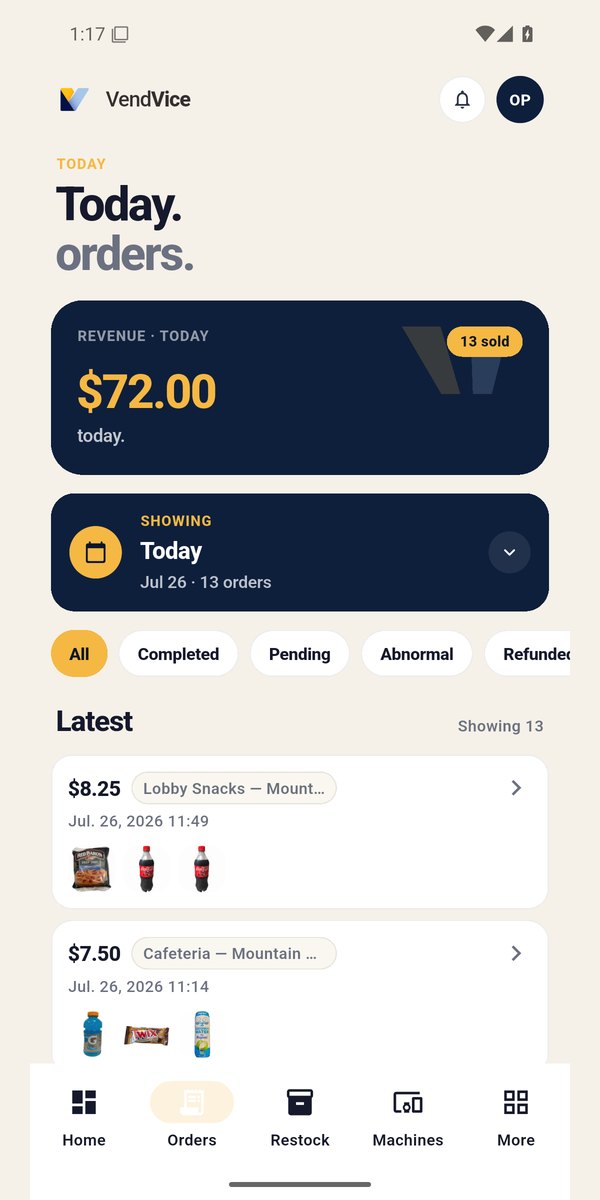 Live orders in the VendVice app