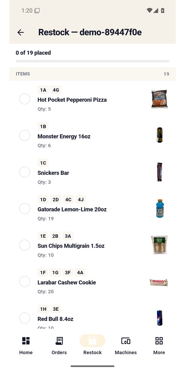 Restock pick list in the app