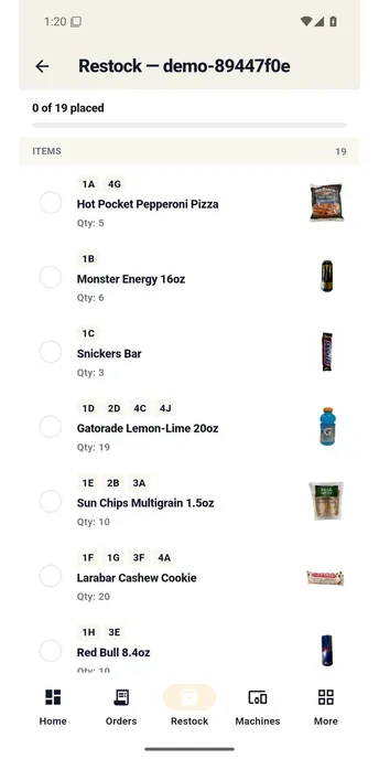 Restock pick list in the app