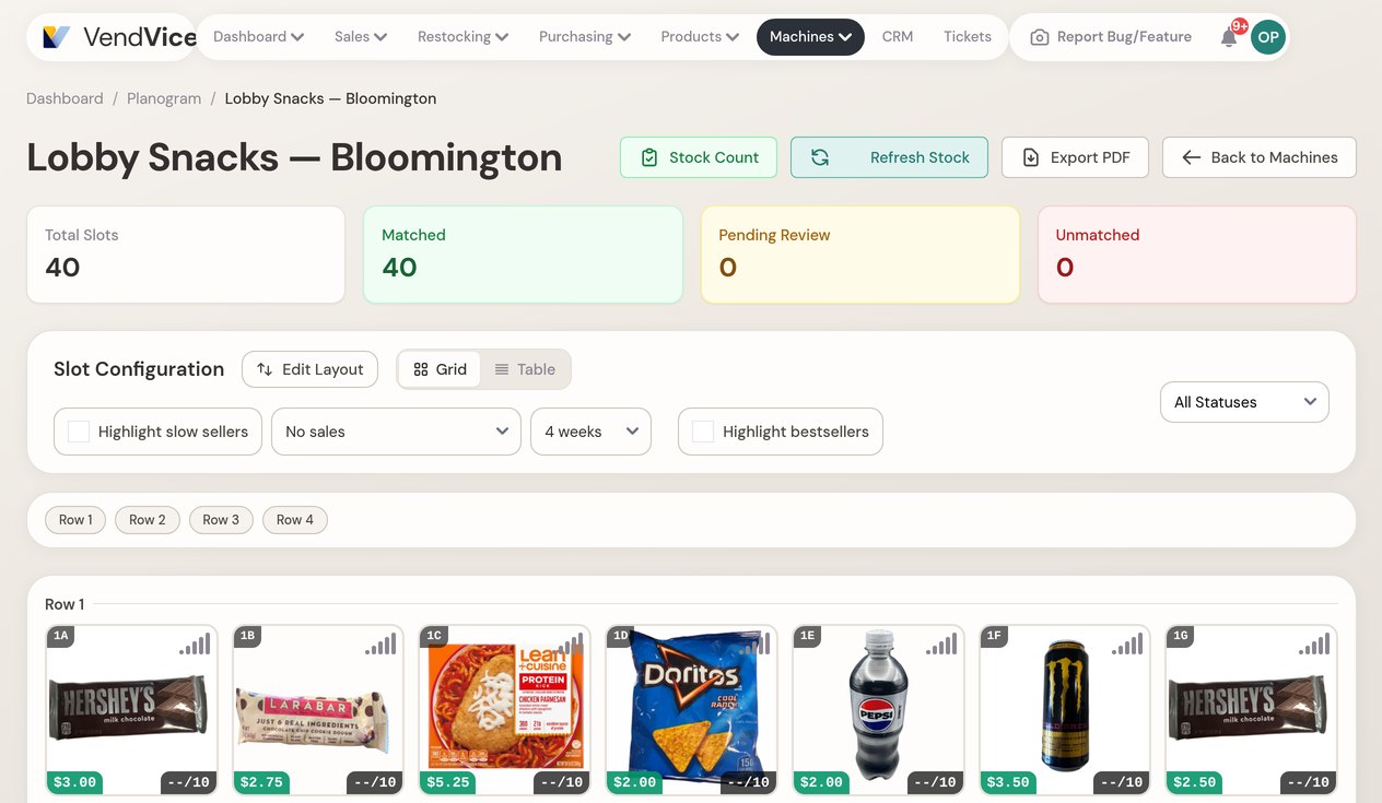 Planogram editor in the VendVice web app: a cooler's slots with product photos and prices