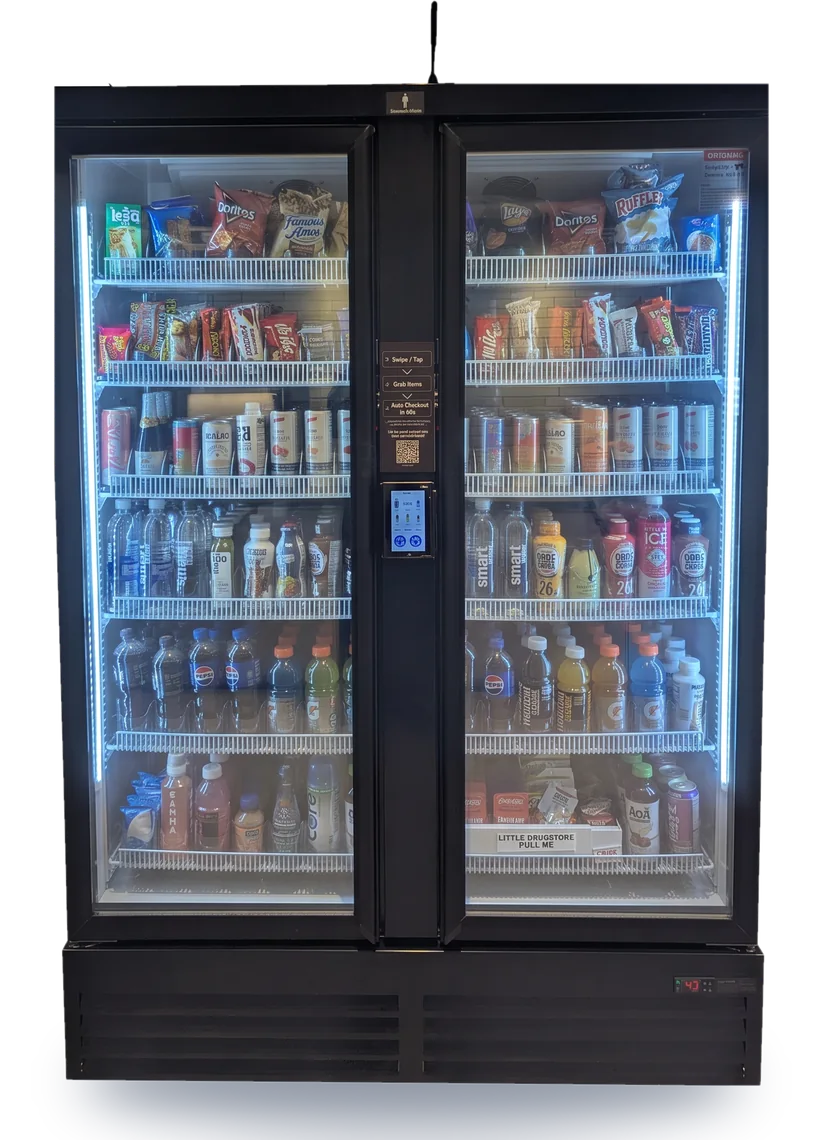 Two-door smart cooler stocked with snacks and drinks